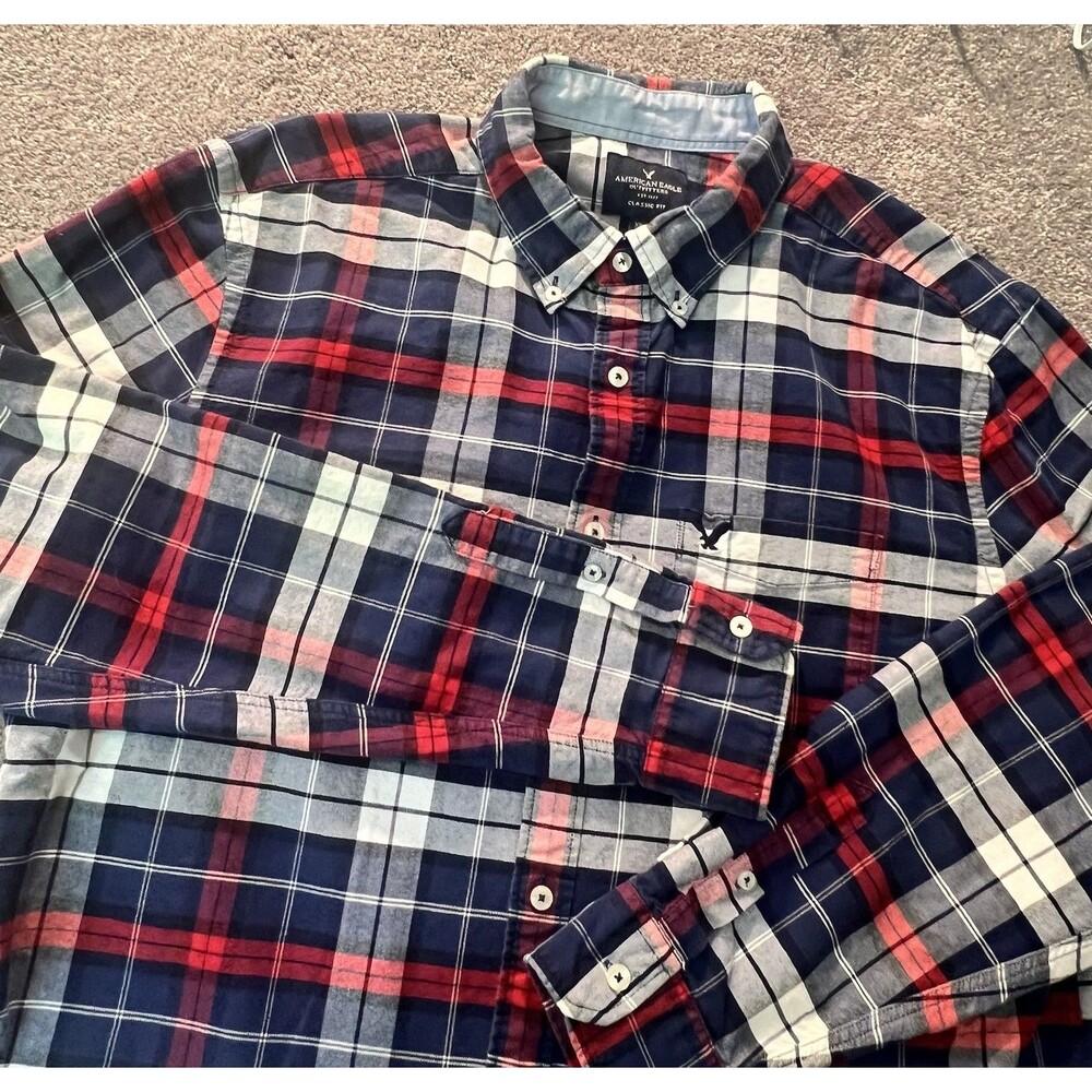 American Eagle Shirt Mens XL Red Blue Plaid Athletic Fit Long Sleeve Button Down